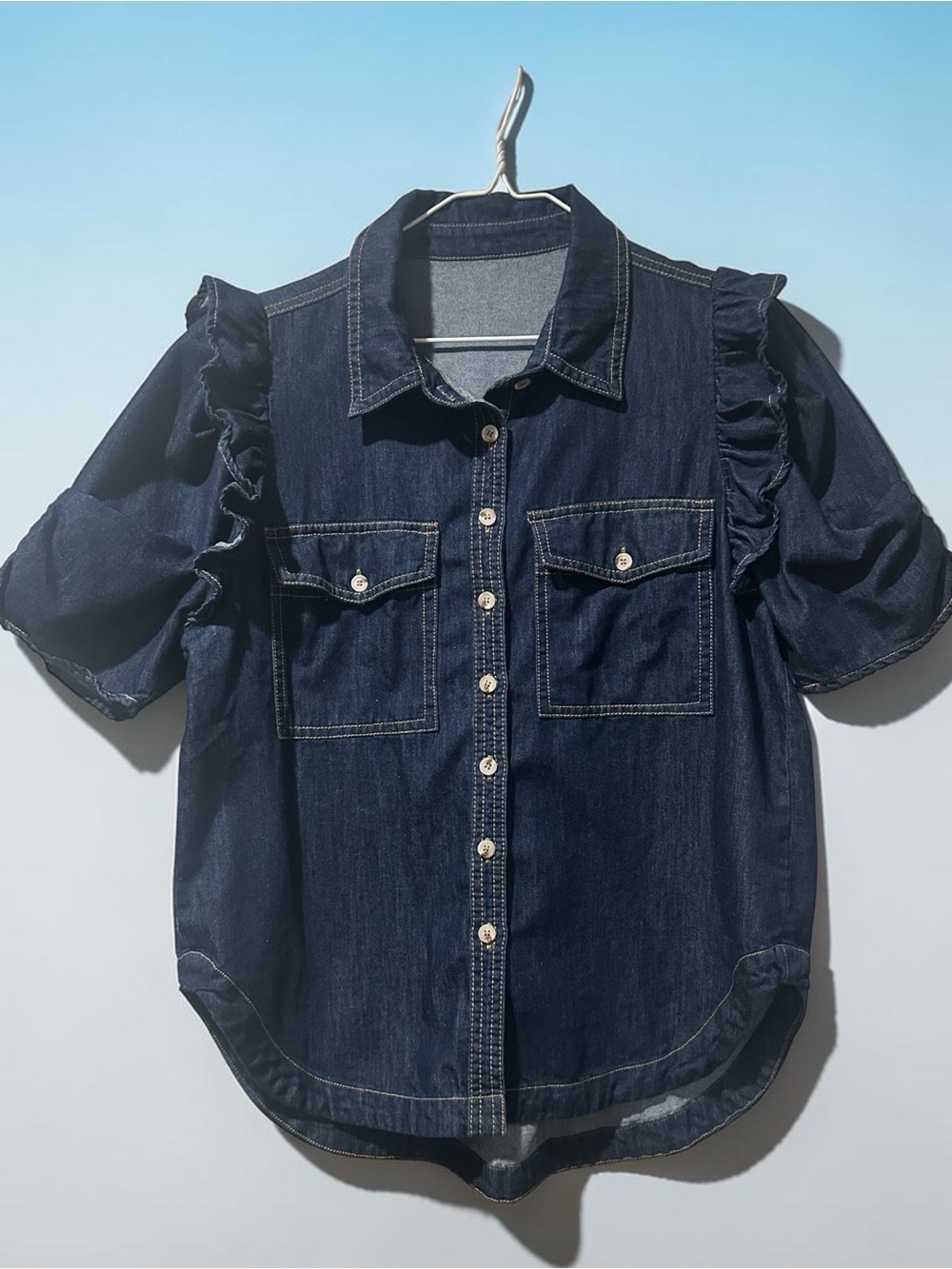 Women’s Dark Blue Denim Ruffle-Sleeve Shirt